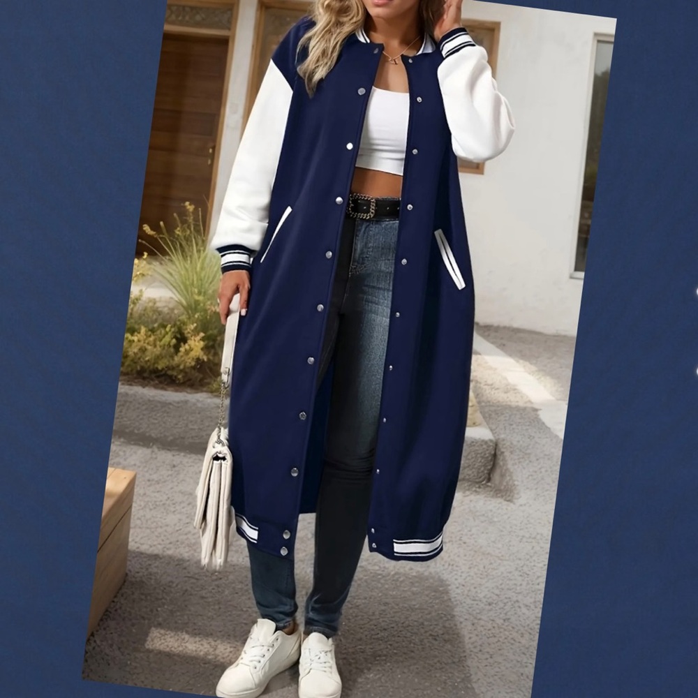 Navy Blue Color Block Snap-Button Closure, Long Sleeve Longline Jacket-1X Plus